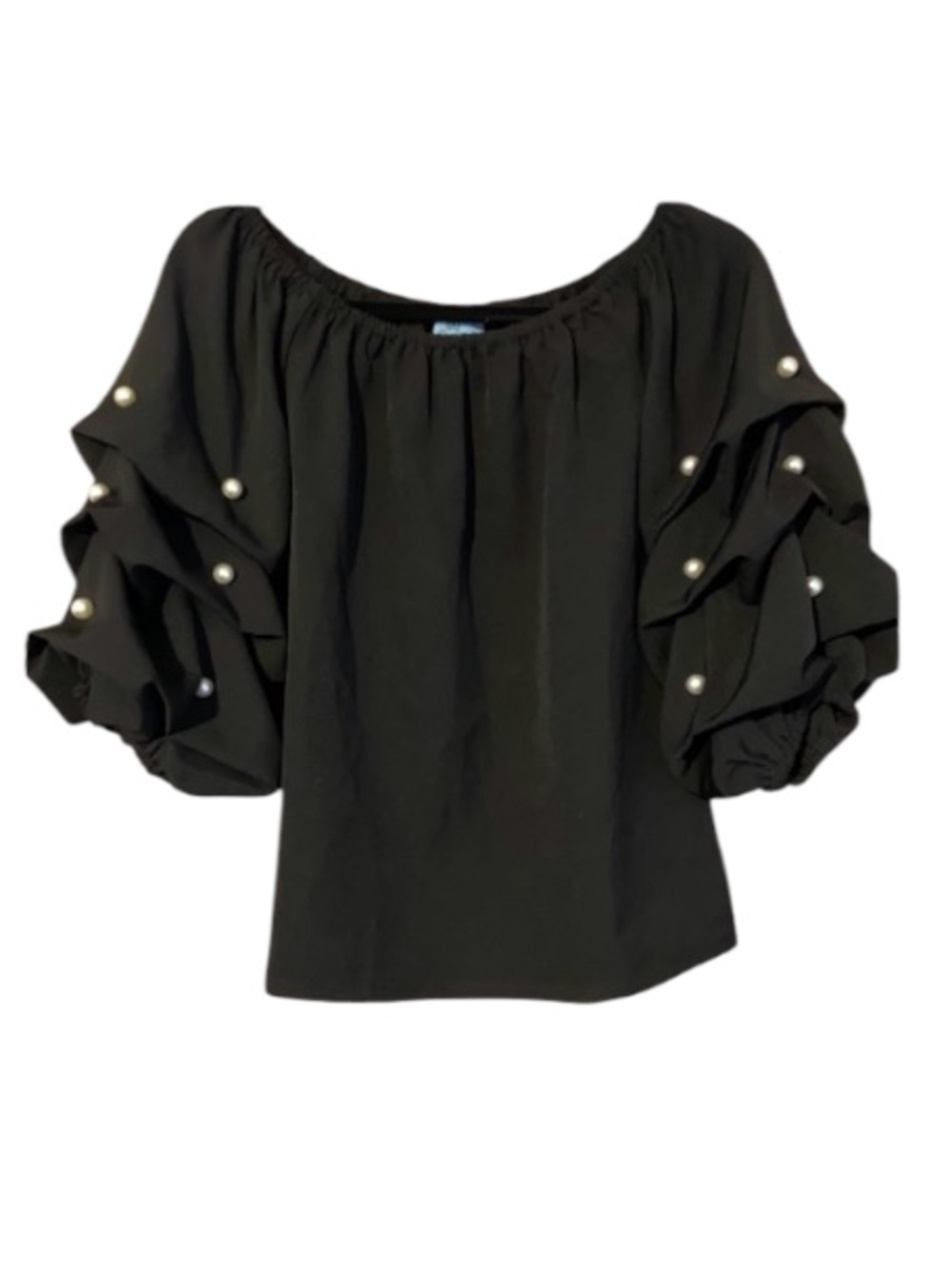 Elegant black blouse by CeC Ruffled sleeves with pearl accents Like new Size M